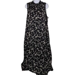J Jill Size L Black Floral Ruffle Sleeveless Maxi Dress Smocked Neckline